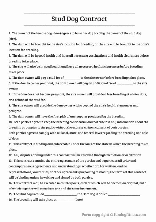 Stud Dog Contract Template Free PDF